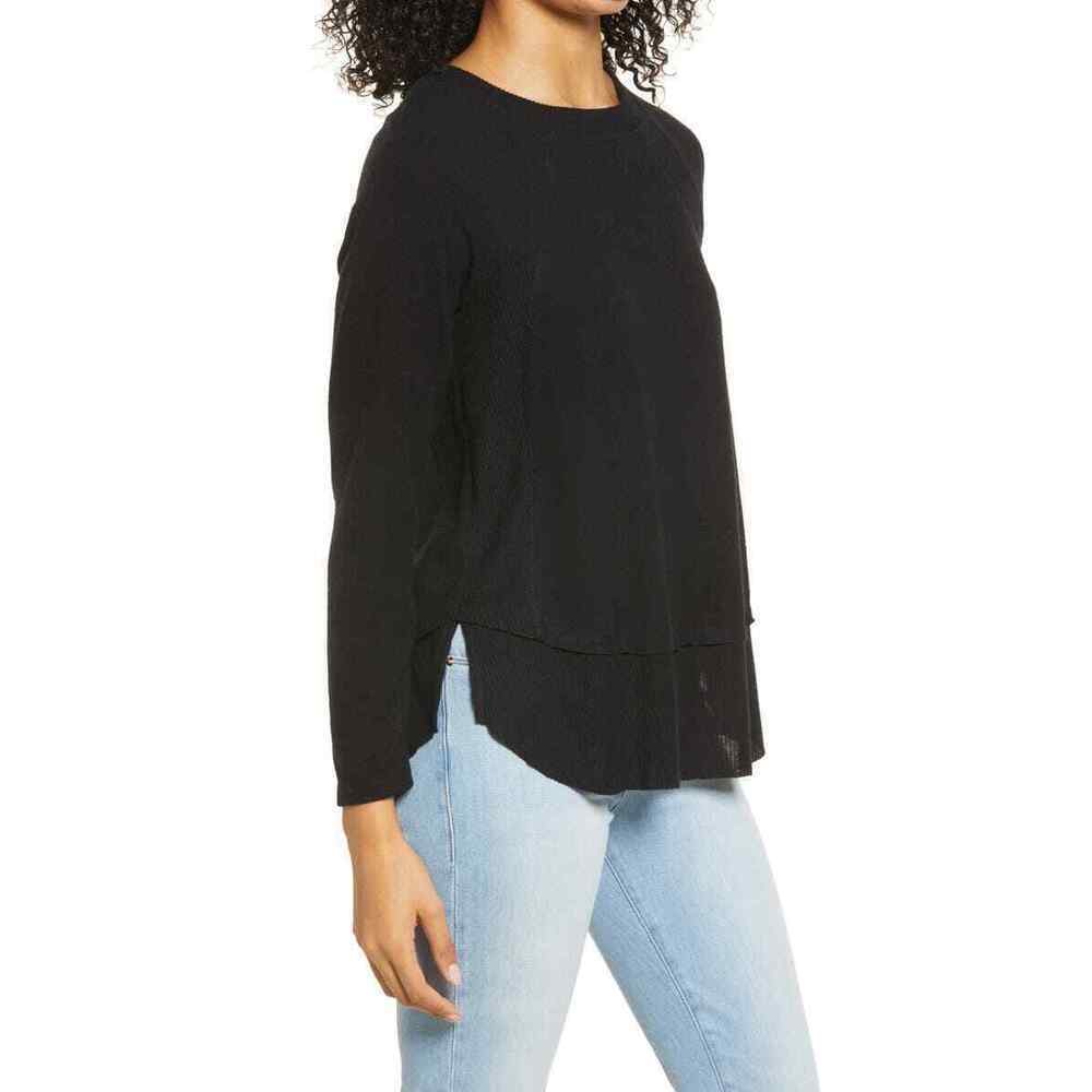 EVERLEIGH Women's long sleeve Sweater Cozy Ribbed Inset Layered Black Size M